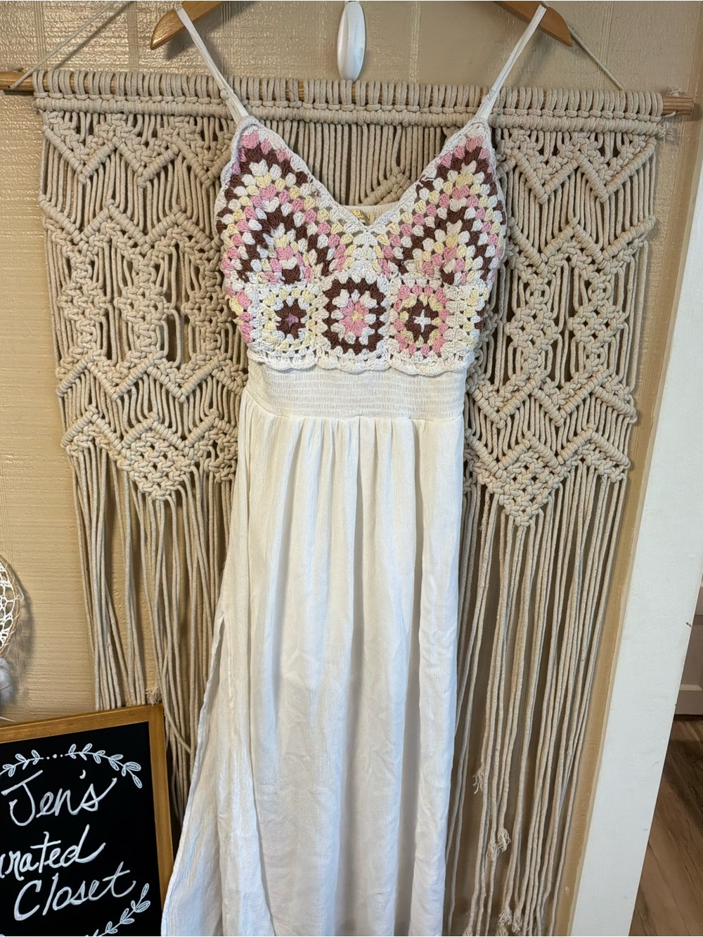 Boho Crochet Bodice Maxi Dress in Cream with Pink & Brown Accents